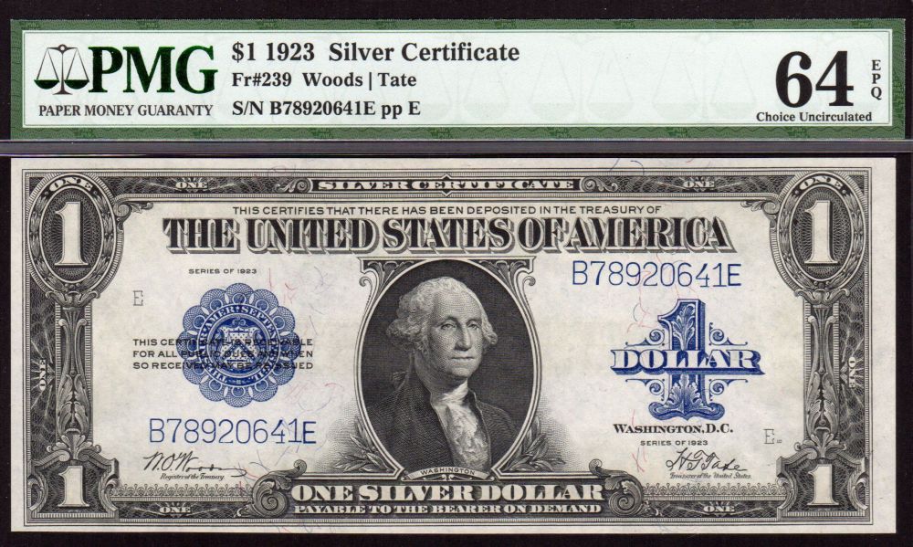 Fr.239, 1923 $1 Silver Certificate, Woods-Tate Signatures, PMG-64-EPQ